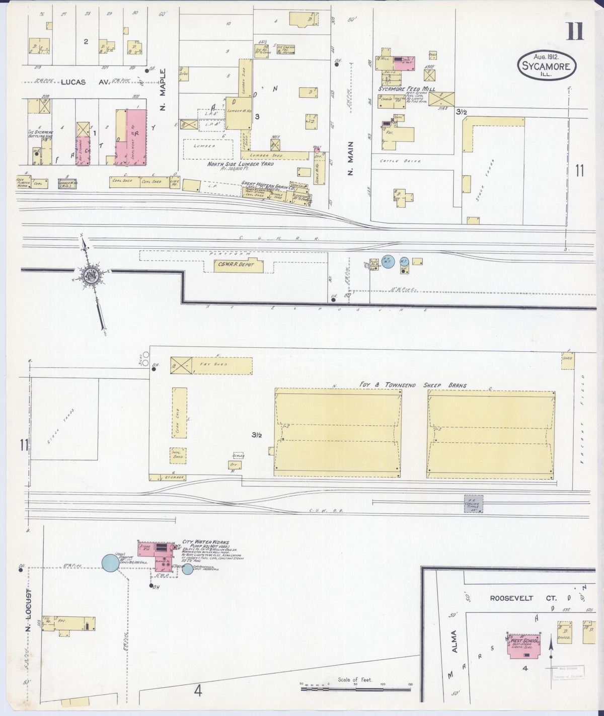Sanborn Fire Insurance Map from Sycamore, De Kalb County, Illinois (1912), Sheet #0011 - Historic Sanborn Fire Insurance Map Print, vintage old map wall art, antique decor, genealogy gift, Illinois Illinois map