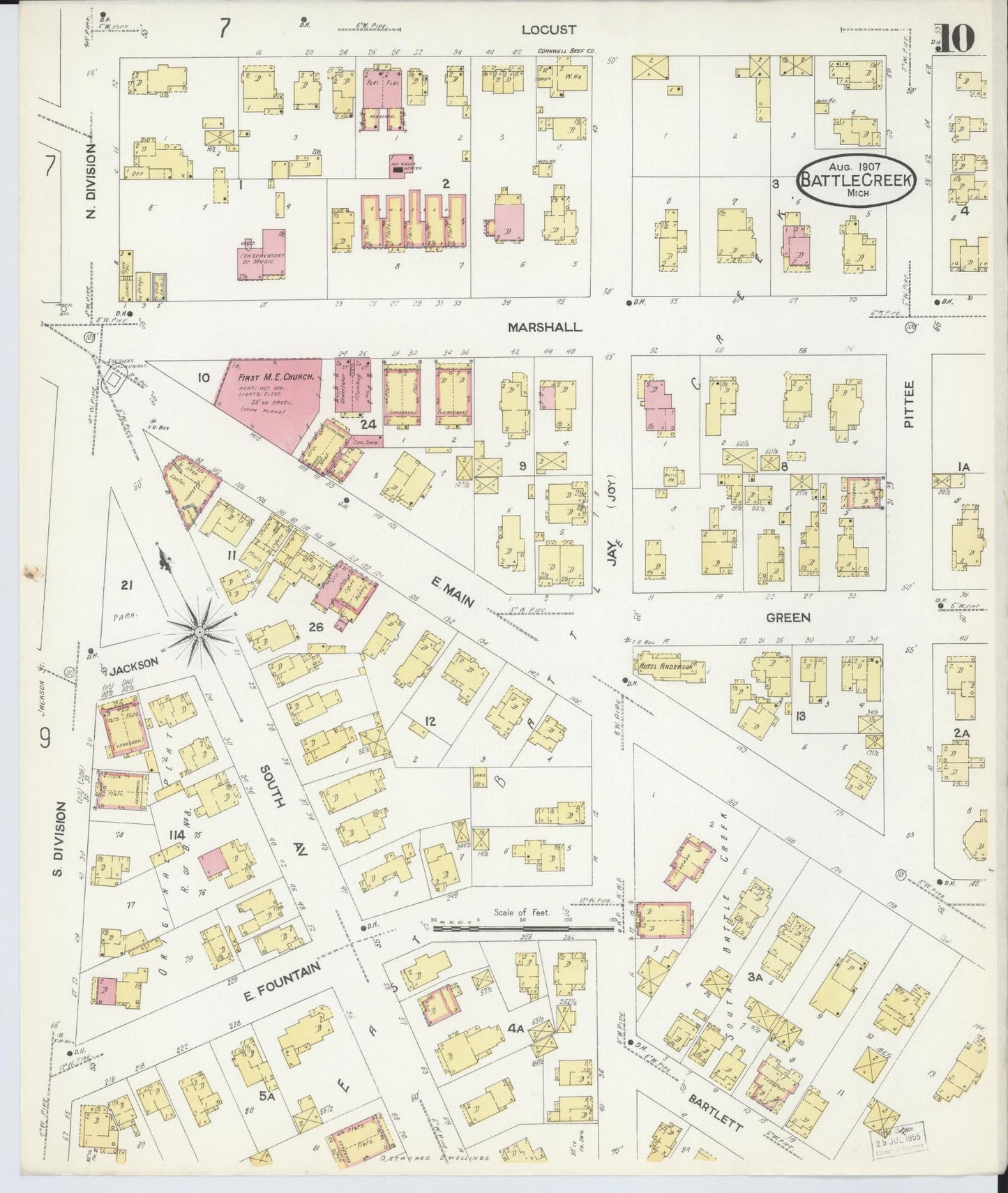 Sanborn Fire Insurance Map from Battle Creek, Calhoun County, Michigan (1907), Sheet #0010 - Historic Sanborn Fire Insurance Map Print, vintage old map wall art, antique decor, genealogy gift, Michigan Michigan map