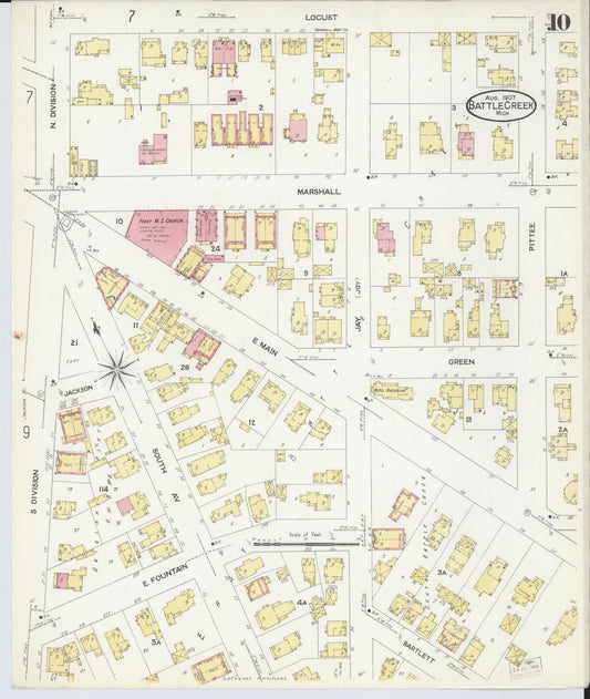 Sanborn Fire Insurance Map from Battle Creek, Calhoun County, Michigan (1907), Sheet #0010 - Historic Sanborn Fire Insurance Map Print, vintage old map wall art, antique decor, genealogy gift, Michigan Michigan map