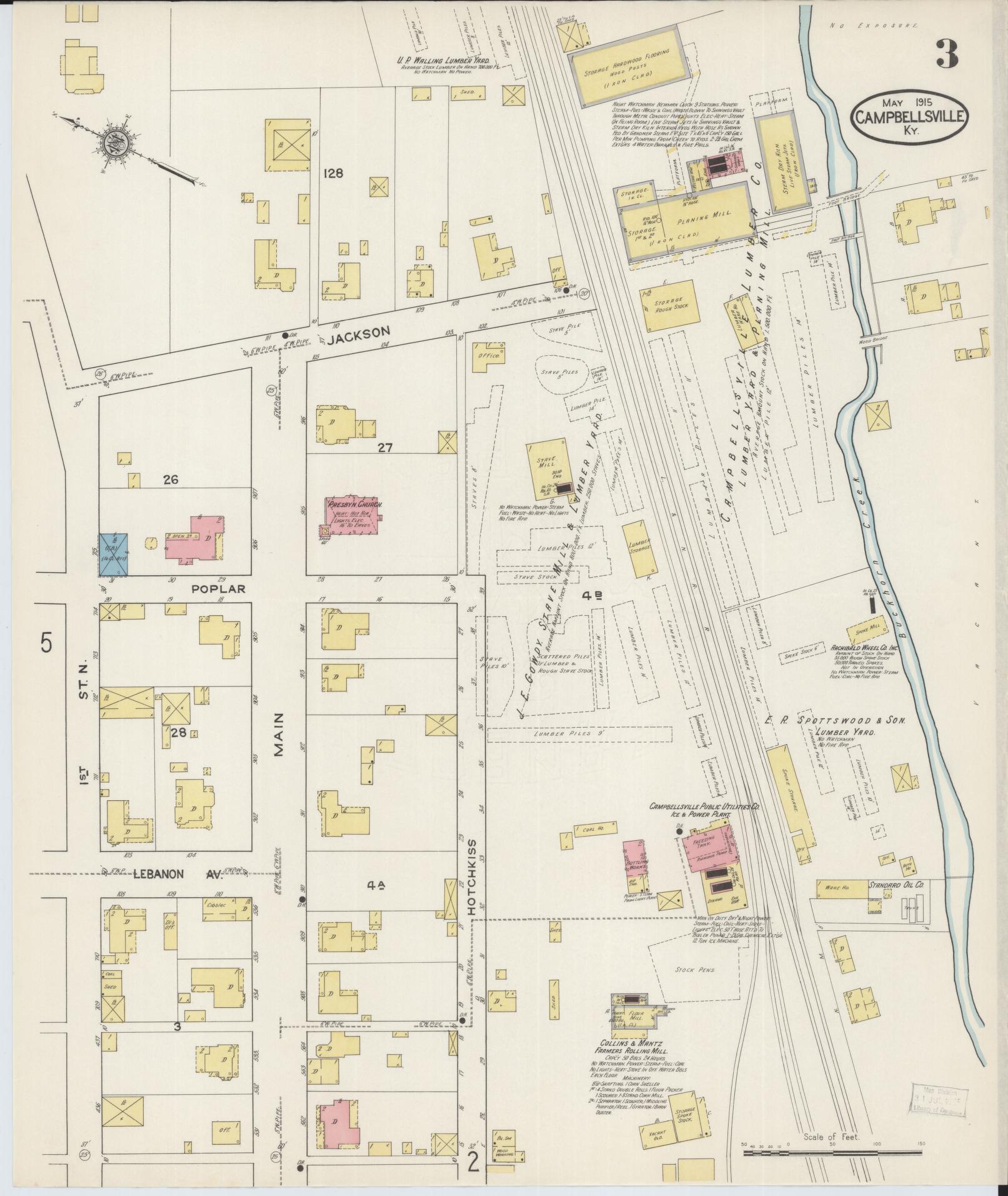 Sanborn Fire Insurance Map from Campbellsville, Taylor County, Kentucky (1915), Sheet #0003 - Historic Sanborn Fire Insurance Map Print, vintage old map wall art, antique decor, genealogy gift, Kentucky Kentucky map
