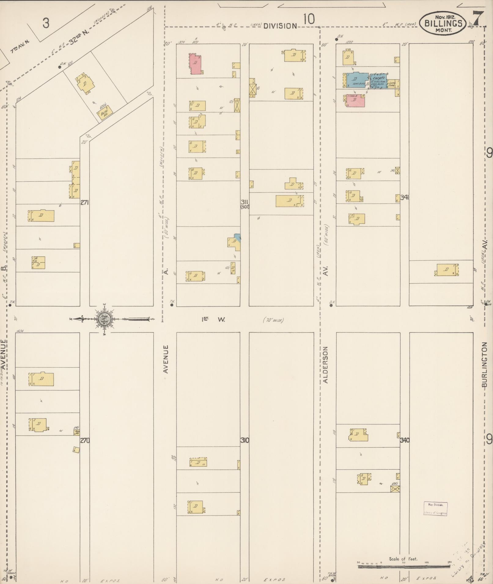 Sanborn Fire Insurance Map from Billings, Yellowstone County, Montana (1912), Sheet #0007 - Historic Sanborn Fire Insurance Map Print, vintage old map wall art, antique decor, genealogy gift, Montana Montana map