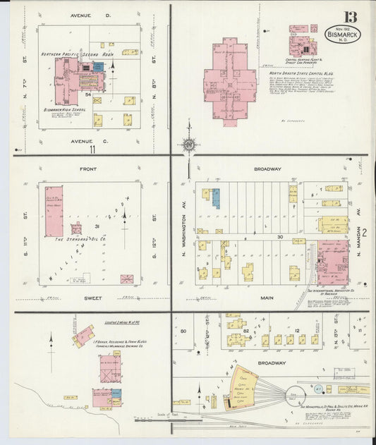 Sanborn Fire Insurance Map from Bismarck, Burleigh County, North Dakota (1912), Sheet #0013 - Historic Sanborn Fire Insurance Map Print, vintage old map wall art, antique decor, genealogy gift, North Dakota North Dakota map