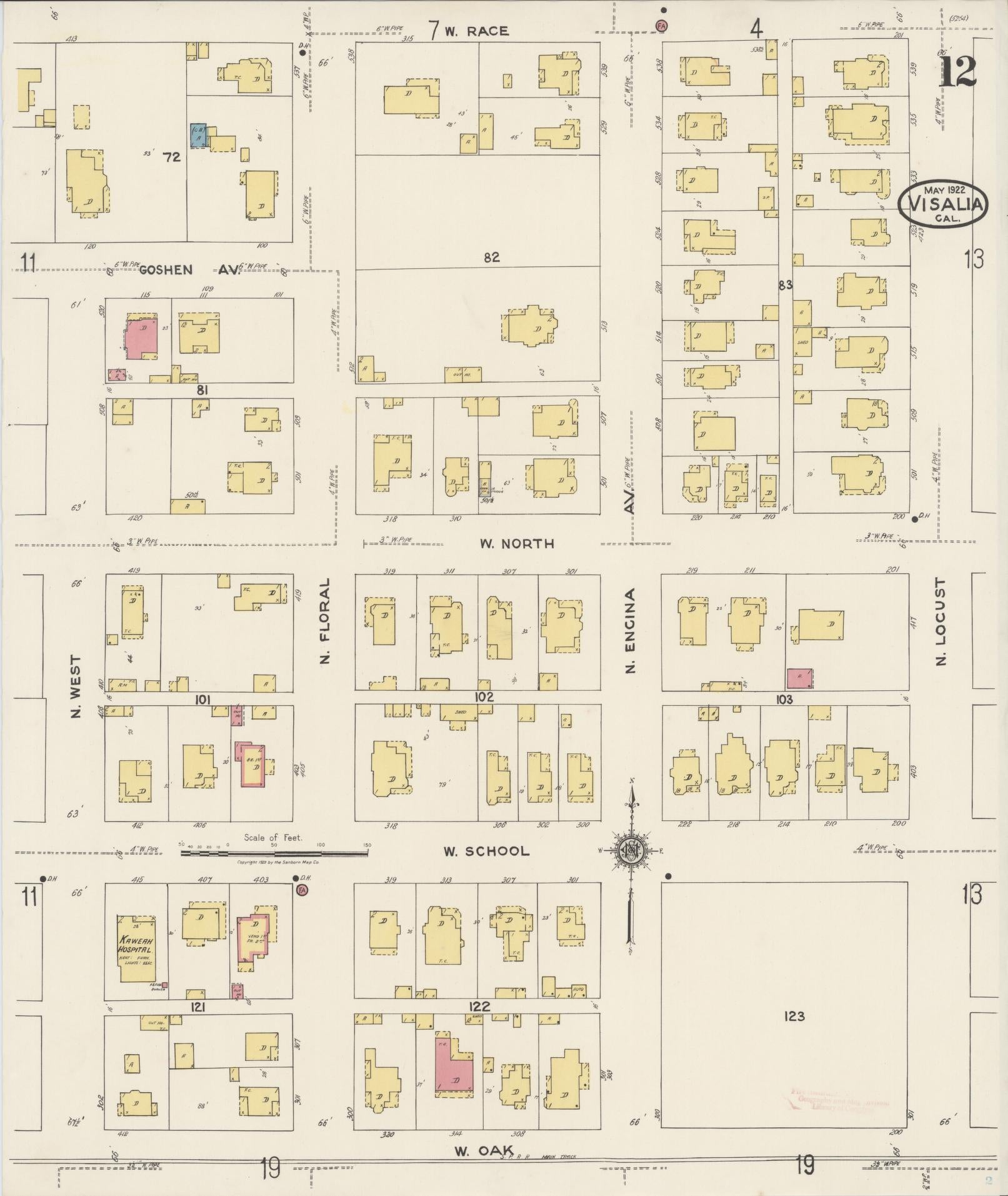 Sanborn Fire Insurance Map from Visalia, Tulare County, California (1922), Sheet #0012 - Complete Map Set gallery image, historic Sanborn map, vintage wall art, California California