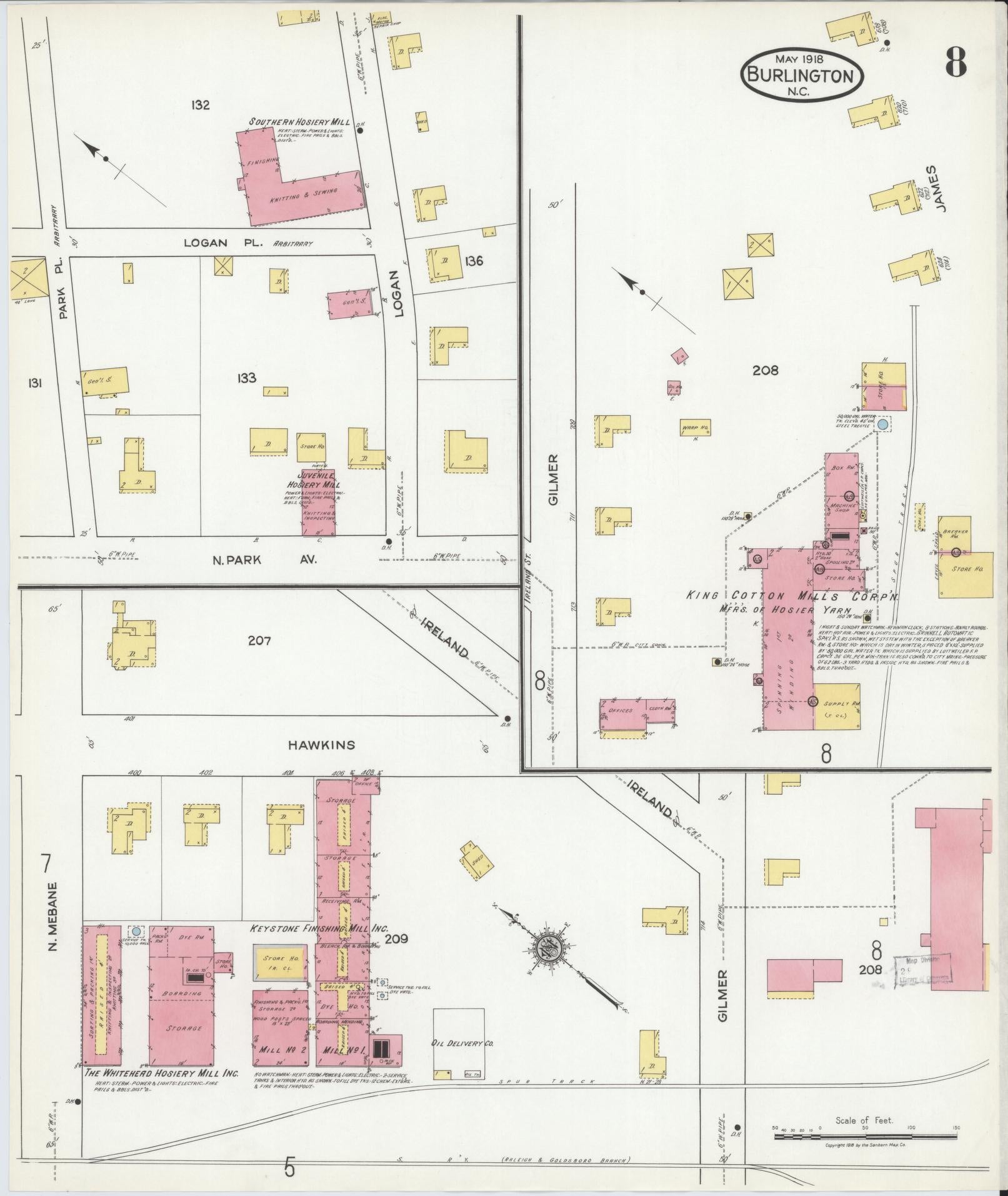 Sanborn Fire Insurance Map from Burlington, Alamance County, North Carolina (1918), Sheet #0008 - Historic Sanborn Fire Insurance Map Print, vintage old map wall art, antique decor, genealogy gift, North Carolina North Carolina map