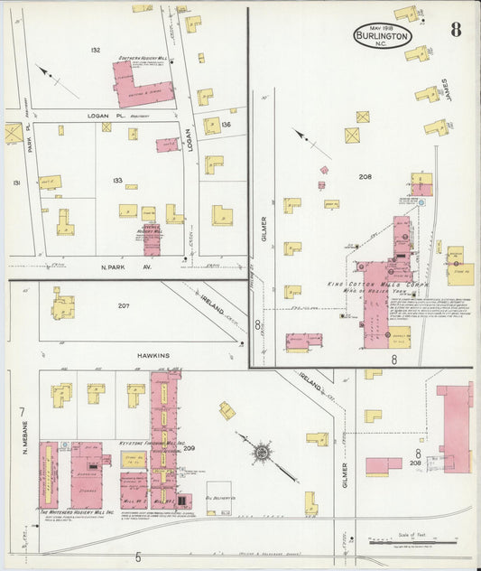 Sanborn Fire Insurance Map from Burlington, Alamance County, North Carolina (1918), Sheet #0008 - Historic Sanborn Fire Insurance Map Print, vintage old map wall art, antique decor, genealogy gift, North Carolina North Carolina map