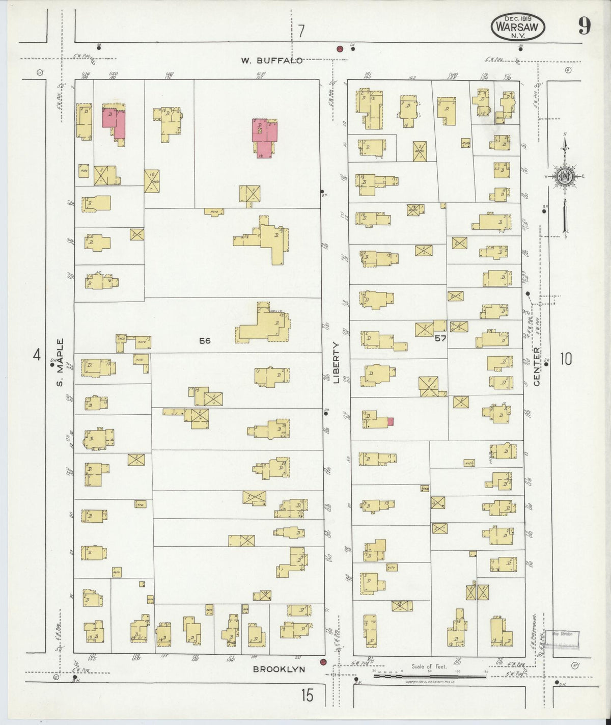 Sanborn Fire Insurance Map from Warsaw, Wyoming County, New York (1919), Sheet #0009 - Historic Sanborn Fire Insurance Map Print, vintage old map wall art, antique decor, genealogy gift, Warsaw Wyoming map
