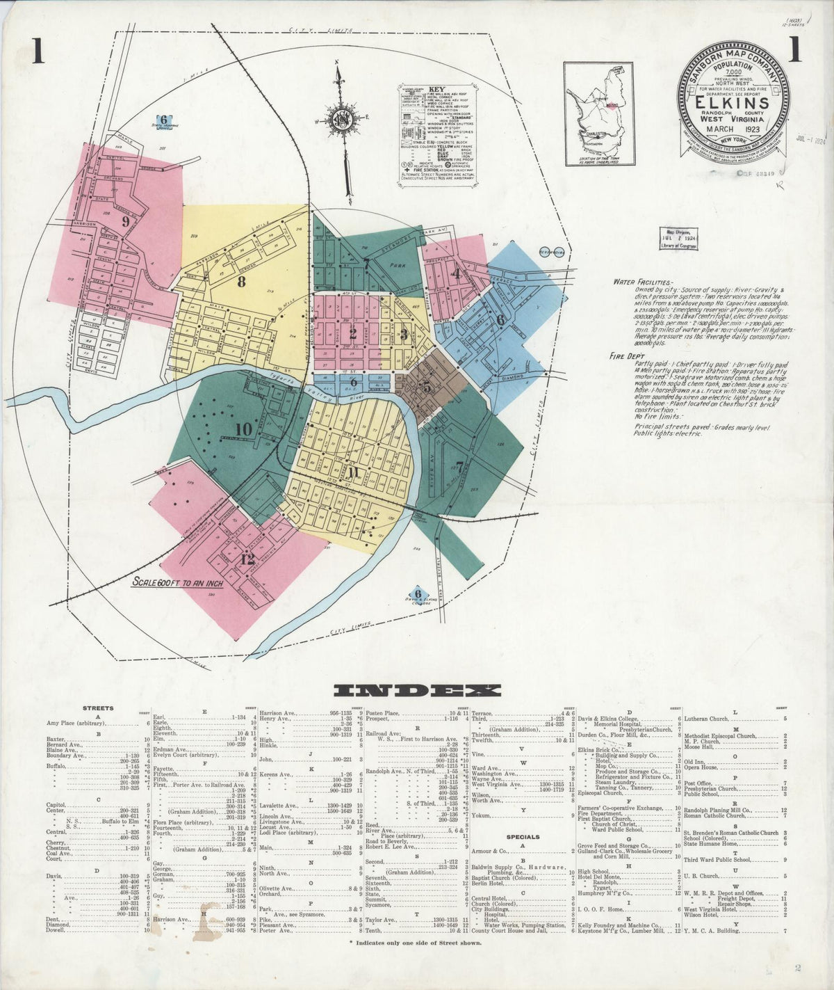 Sanborn Fire Insurance Map from Elkins, Randolph County, West Virginia (1923), Sheet #0001 - Historic Sanborn Fire Insurance Map Print, vintage old map wall art, antique decor, genealogy gift, West Virginia West Virginia map