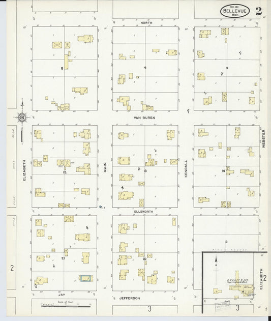 Sanborn Fire Insurance Map from Bellevue, Eaton County, Michigan (1911), Sheet #0002 - Historic Sanborn Fire Insurance Map Print, vintage old map wall art, antique decor, genealogy gift, Michigan Michigan map
