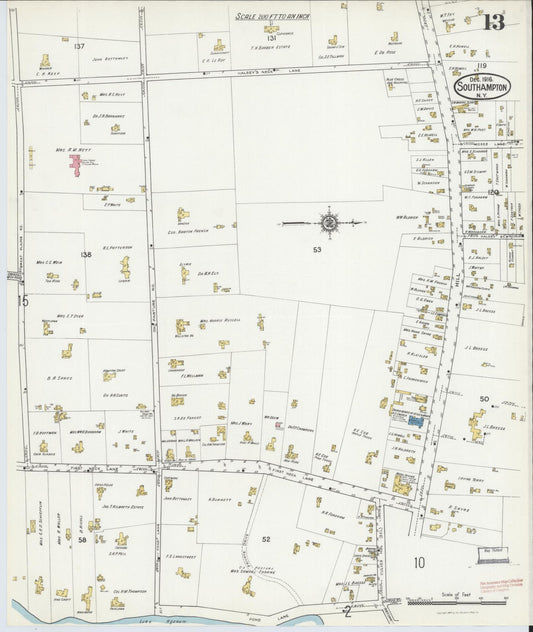 Sanborn Fire Insurance Map from Southampton, Suffolk County, New York (1916), Sheet #0013 - Historic Sanborn Fire Insurance Map Print, vintage old map wall art, antique decor, genealogy gift, New York New York map