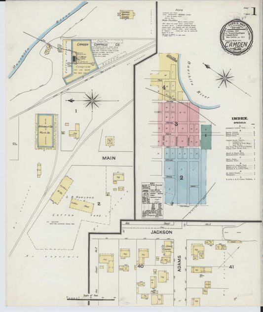 Sanborn Fire Insurance Map from Camden, Ouachita County, Arkansas (1890), Sheet #0001 - Historic Sanborn Fire Insurance Map Print, vintage old map wall art, antique decor, genealogy gift, Arkansas Arkansas map