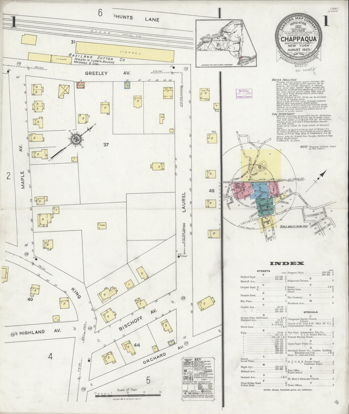 Sanborn Fire Insurance Map from Chappaqua, Westchester County, New York (1925), Sheet #0001 - Historic Sanborn Fire Insurance Map Print, vintage old map wall art, antique decor, genealogy gift, New York New York map