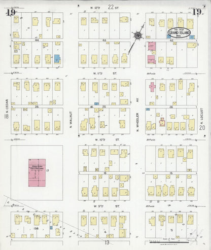 Sanborn Fire Insurance Map from Grand Island, Hall County, Nebraska (1924), Sheet #0019 - Complete Map Set gallery image, historic Sanborn map, vintage wall art, Nebraska Nebraska