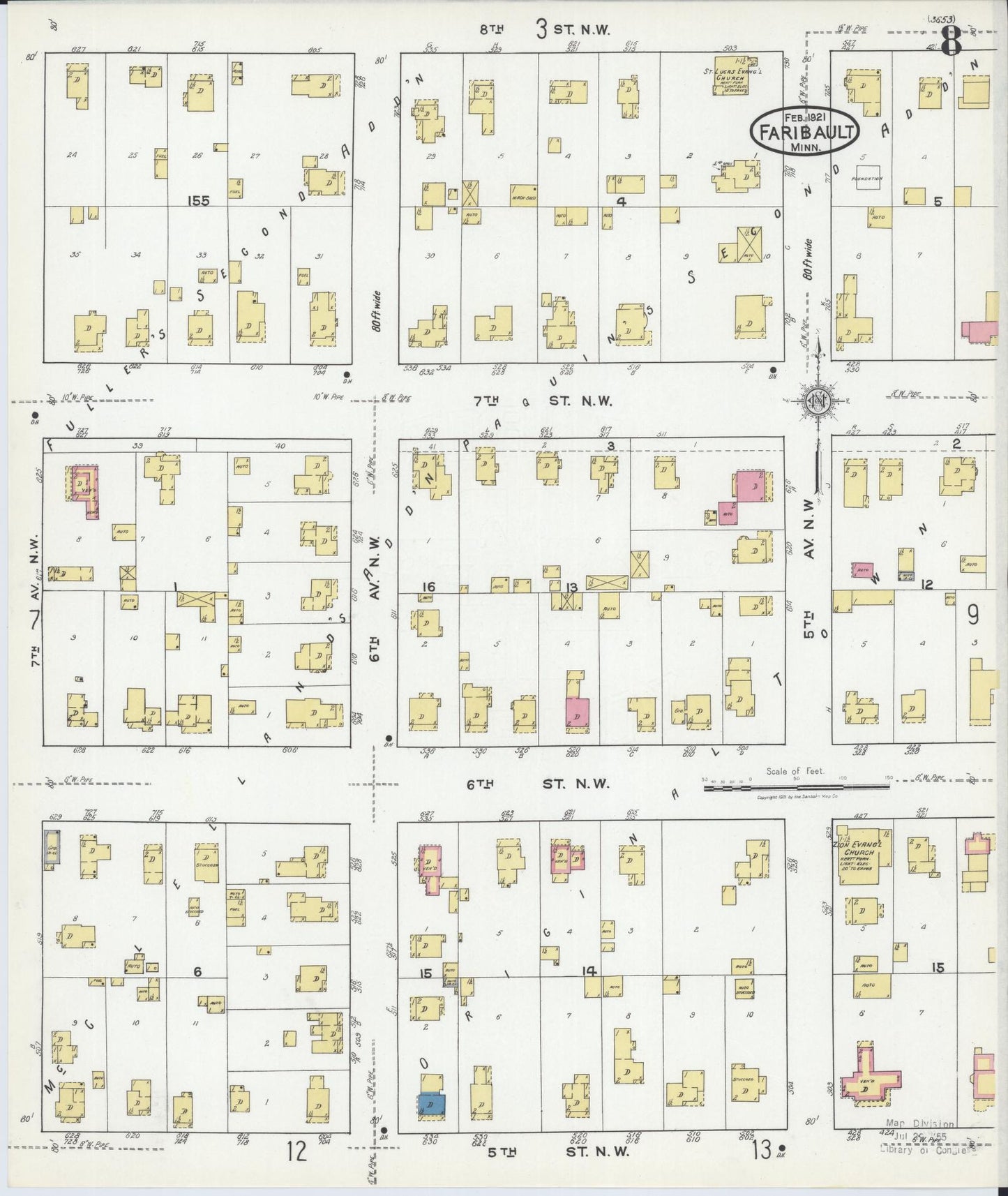Sanborn Fire Insurance Map from Faribault, Rice County, Minnesota (1921), Sheet #0008 - Historic Sanborn Fire Insurance Map Print, vintage old map wall art, antique decor, genealogy gift, Minnesota Minnesota map