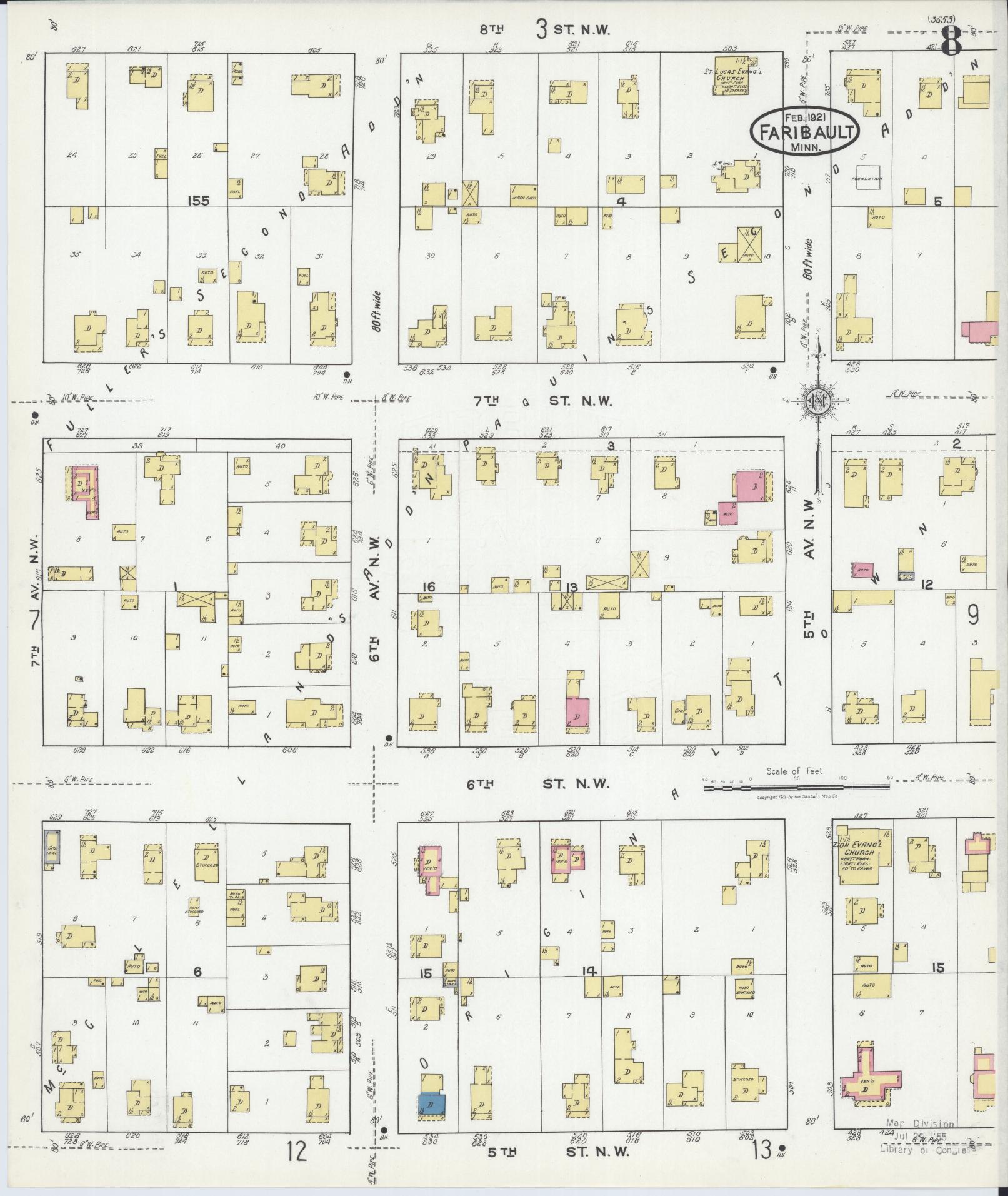 Sanborn Fire Insurance Map from Faribault, Rice County, Minnesota (1921), Sheet #0008 - Historic Sanborn Fire Insurance Map Print, vintage old map wall art, antique decor, genealogy gift, Minnesota Minnesota map