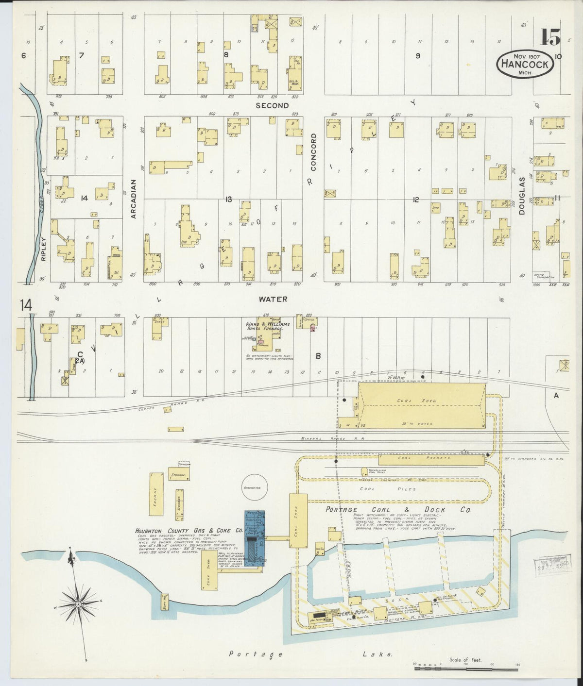 Sanborn Fire Insurance Map from Hancock, Houghton County, Michigan (1907), Sheet #0015 - Complete Map Set gallery image, historic Sanborn map, vintage wall art, Michigan Michigan