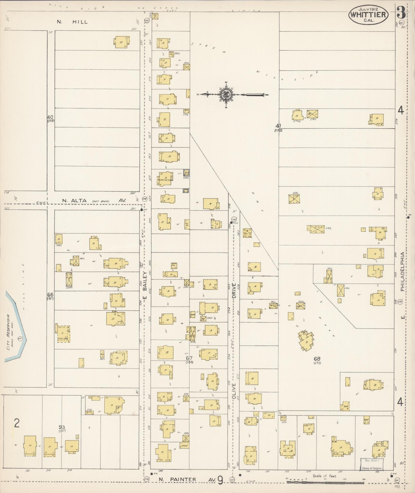 Sanborn Fire Insurance Map from Whittier, Los Angeles County, California (1912), Sheet #0003 - Complete Map Set gallery image, historic Sanborn map, vintage wall art, California California