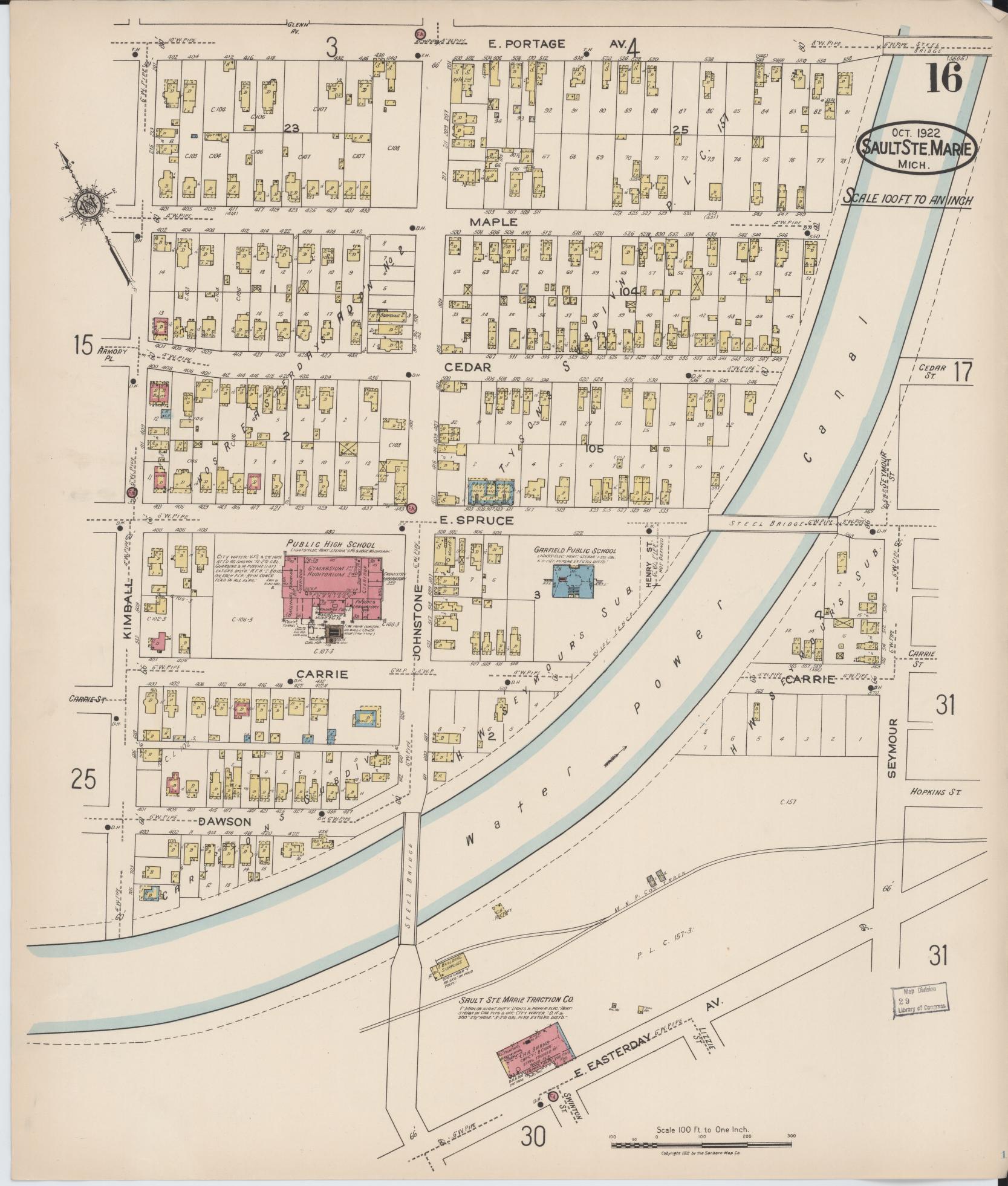 Sanborn Fire Insurance Map from Sault Sainte Marie, Chippewa County, Michigan (1922), Sheet #0016 - Historic Sanborn Fire Insurance Map Print, vintage old map wall art, antique decor, genealogy gift, Michigan Michigan map