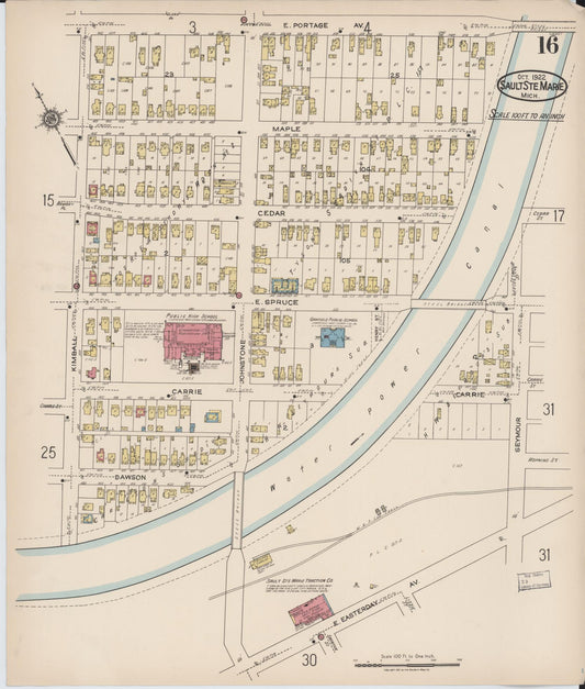 Sanborn Fire Insurance Map from Sault Sainte Marie, Chippewa County, Michigan (1922), Sheet #0016 - Historic Sanborn Fire Insurance Map Print, vintage old map wall art, antique decor, genealogy gift, Michigan Michigan map