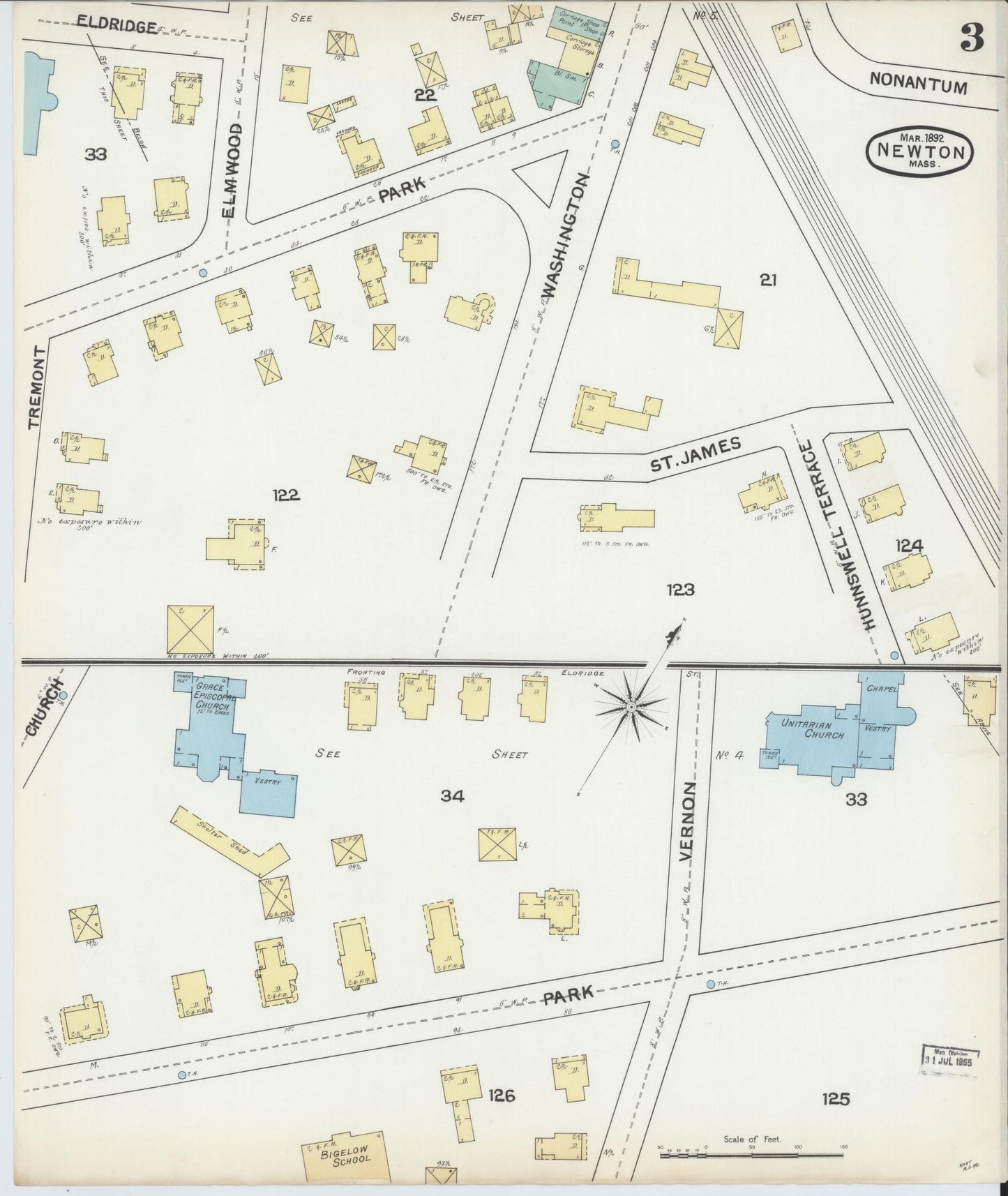 Sanborn Fire Insurance Map from Newton, Middlesex County, Massachusetts (1892), Sheet #0003 - Historic Sanborn Fire Insurance Map Print, vintage old map wall art, antique decor, genealogy gift, Massachusetts Massachusetts map