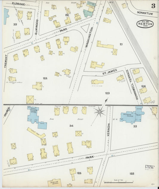 Sanborn Fire Insurance Map from Newton, Middlesex County, Massachusetts (1892), Sheet #0003 - Historic Sanborn Fire Insurance Map Print, vintage old map wall art, antique decor, genealogy gift, Massachusetts Massachusetts map