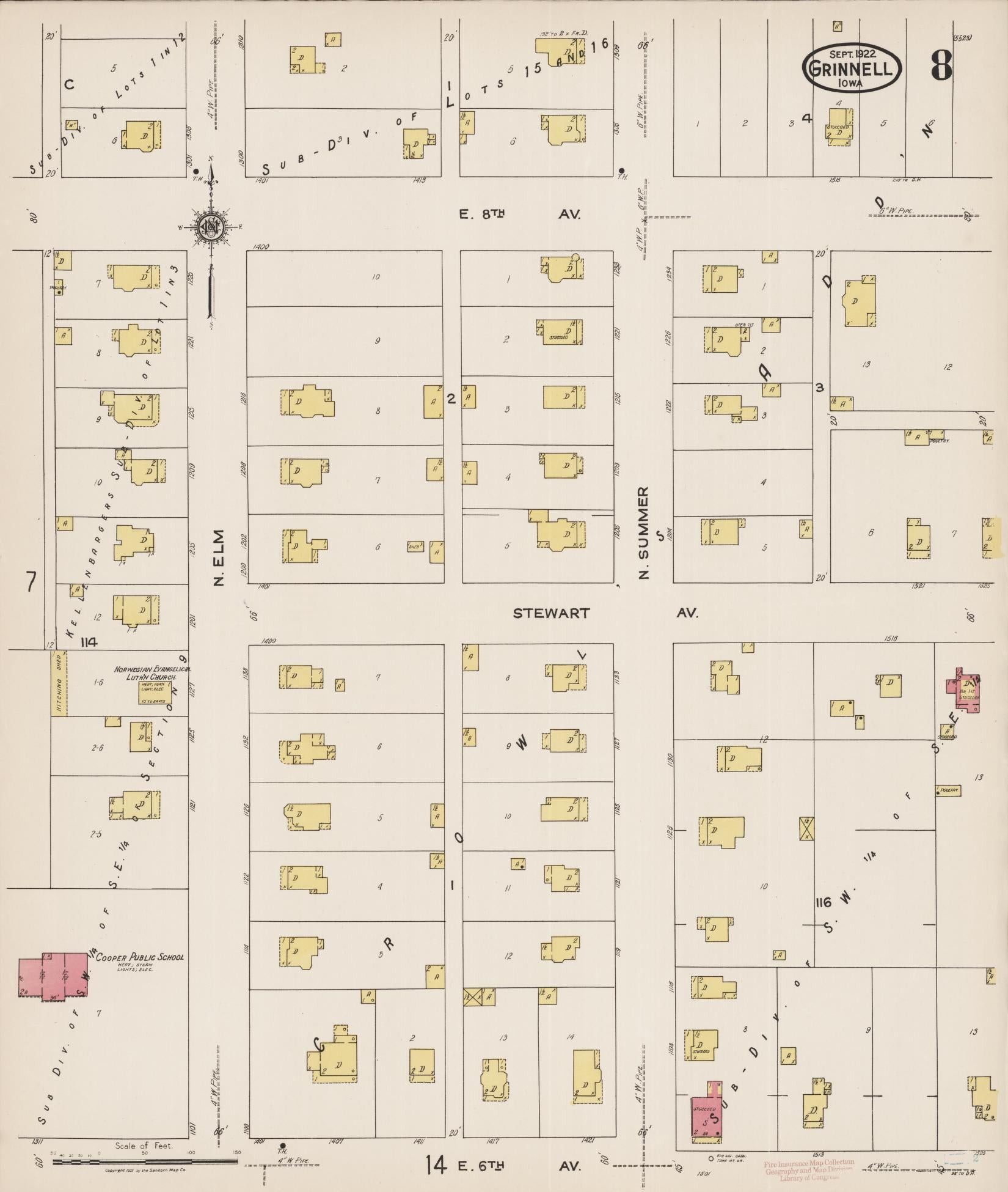 Sanborn Fire Insurance Map from Grinnell, Poweshiek County, Iowa (1922), Sheet #0008 - Historic Sanborn Fire Insurance Map Print, vintage old map wall art
