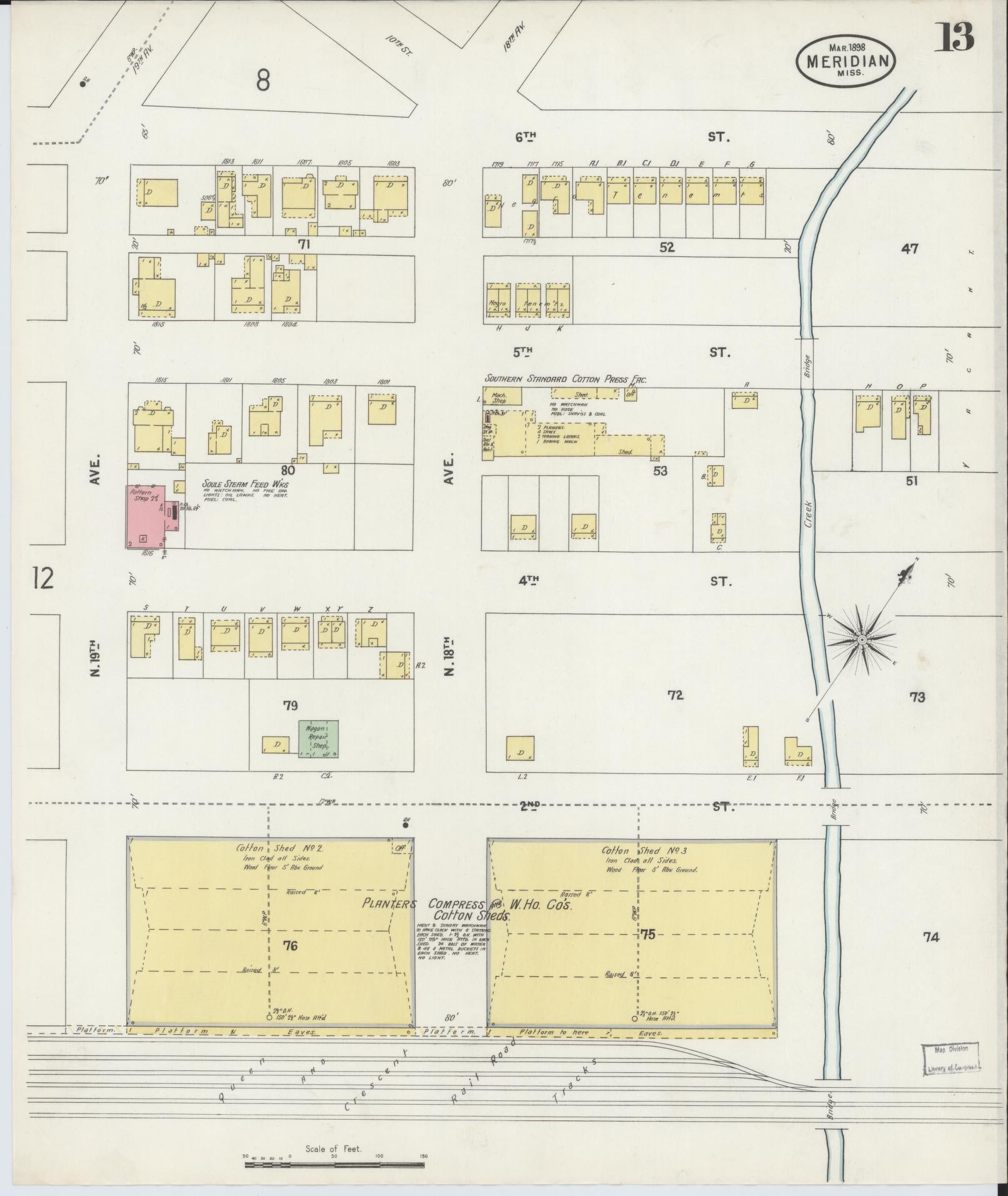 Sanborn Fire Insurance Map from Meridian, Lauderdale County, Mississippi (1898), Sheet #0013 - Historic Sanborn Fire Insurance Map Print, vintage old map wall art, antique decor, genealogy gift, Mississippi Mississippi map