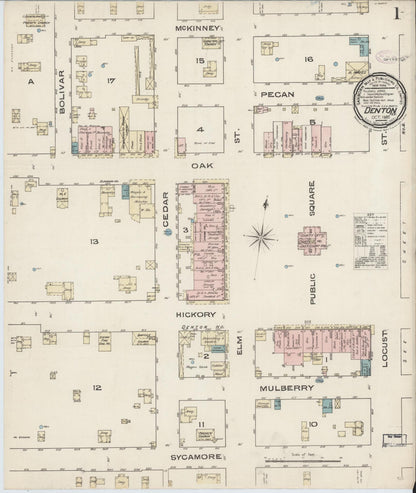 Sanborn Fire Insurance Map from Denton, Denton County, Texas (1885), Sheet #0001 - Complete Map Set gallery image, historic Sanborn map, vintage wall art, Texas Texas