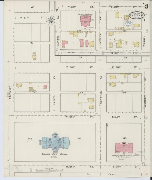 Sanborn Fire Insurance Map from Cheyenne, Laramie County, Wyoming (1894), Sheet #0003 - Historic Sanborn Fire Insurance Map Print, vintage old map wall art, antique decor, genealogy gift, Wyoming Wyoming map
