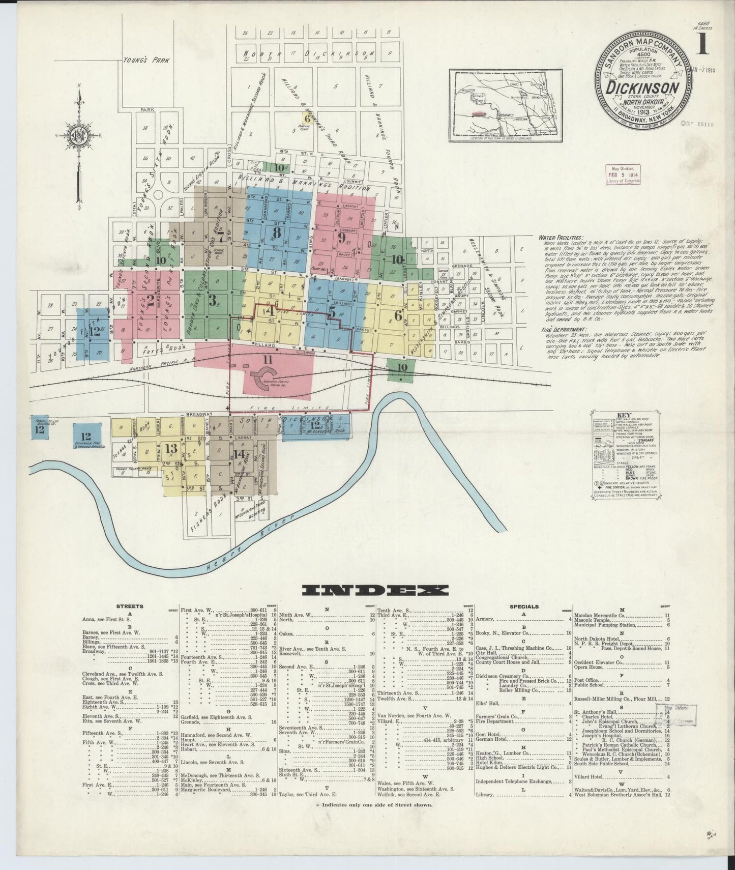 Sanborn Fire Insurance Map from Dickinson, Stark County, North Dakota (1913), Sheet #0001 - Historic Sanborn Fire Insurance Map Print, vintage old map wall art, antique decor, genealogy gift, North Dakota North Dakota map