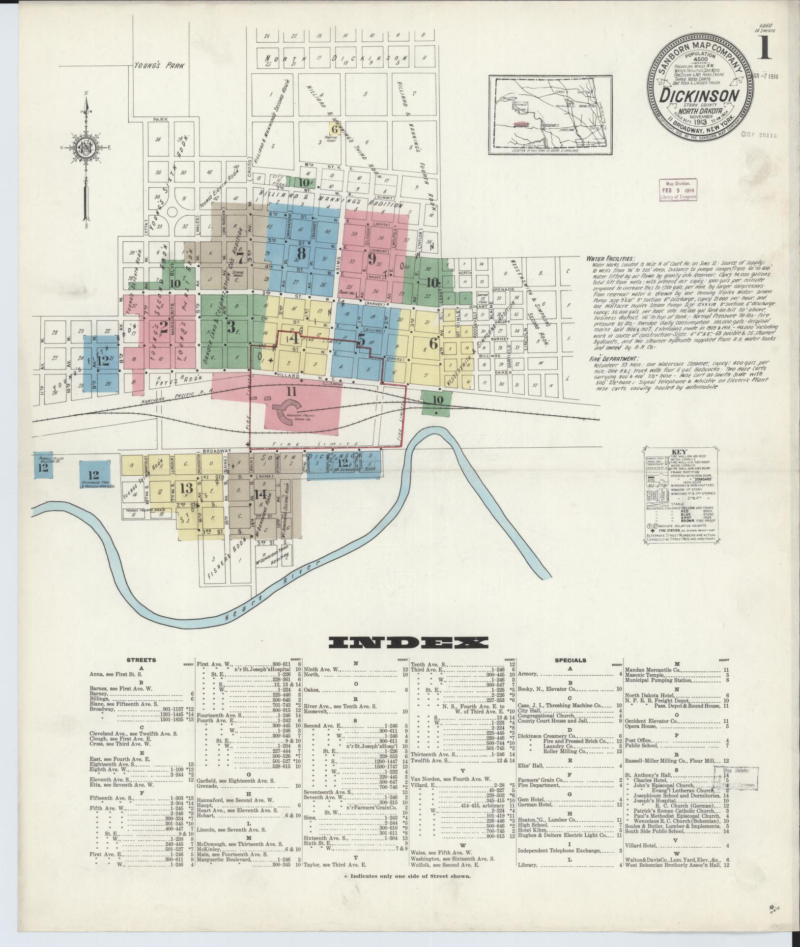 Sanborn Fire Insurance Map from Dickinson, Stark County, North Dakota (1913), Sheet #0001 - Historic Sanborn Fire Insurance Map Print, vintage old map wall art, antique decor, genealogy gift, North Dakota North Dakota map