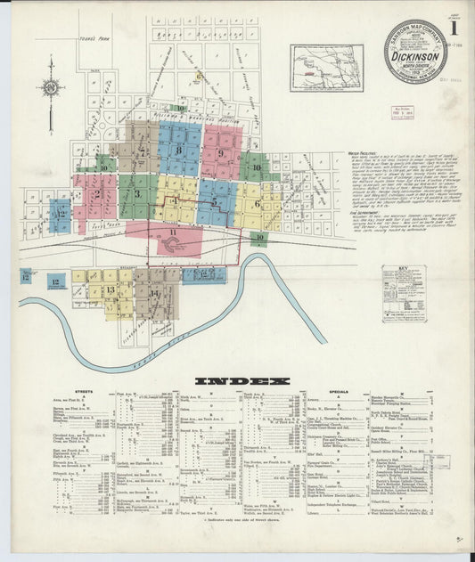 Sanborn Fire Insurance Map from Dickinson, Stark County, North Dakota (1913), Sheet #0001 - Historic Sanborn Fire Insurance Map Print, vintage old map wall art, antique decor, genealogy gift, North Dakota North Dakota map