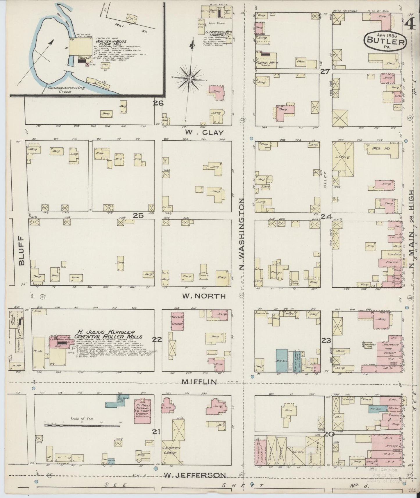 Sanborn Fire Insurance Map from Butler, Butler County, Pennsylvania (1886), Sheet #0004 - Historic Sanborn Fire Insurance Map Print, vintage old map wall art, antique decor, genealogy gift, Pennsylvania Pennsylvania map