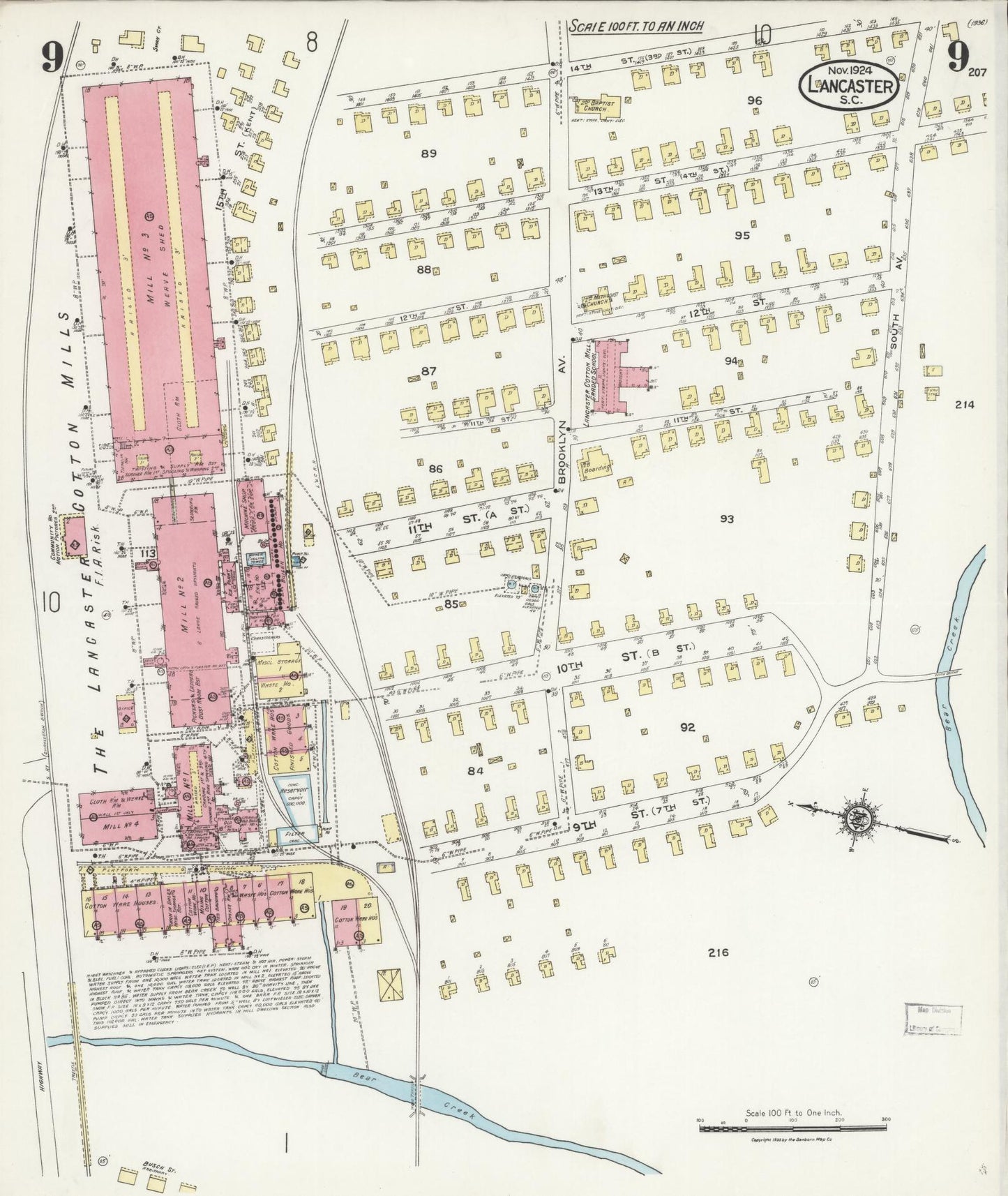 Sanborn Fire Insurance Map from Lancaster, Lancaster County, South Carolina (1924), Sheet #0009 - Historic Sanborn Fire Insurance Map Print, vintage old map wall art, antique decor, genealogy gift, South Carolina South Carolina map