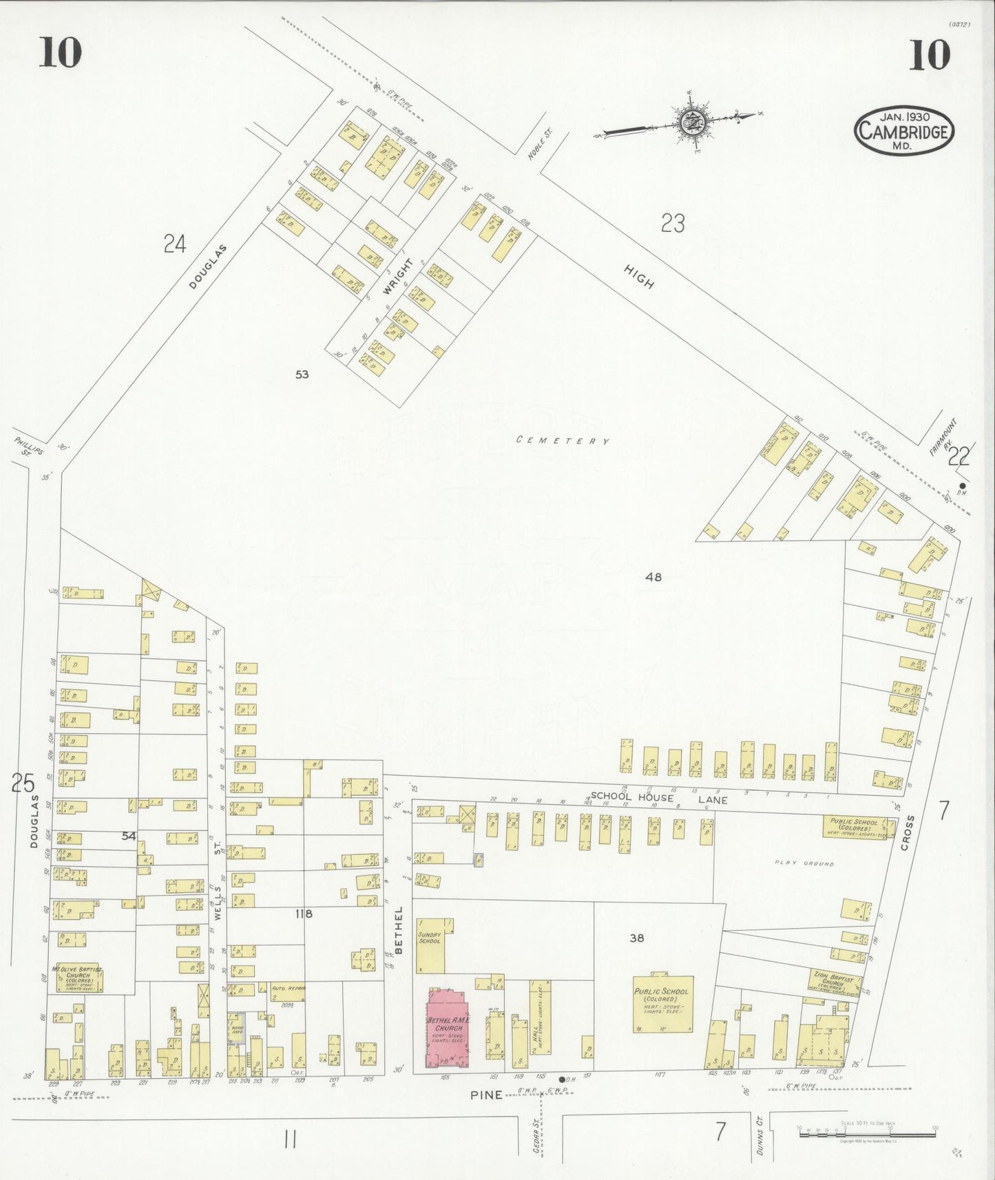 Sanborn Fire Insurance Map from Cambridge, Dorchester County, Maryland (1930), Sheet #0010 - Complete Map Set gallery image, historic Sanborn map, vintage wall art, Maryland Maryland