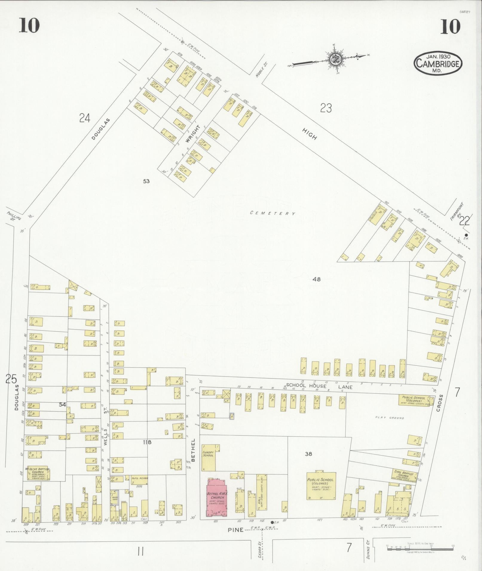 Sanborn Fire Insurance Map from Cambridge, Dorchester County, Maryland (1930), Sheet #0010 - Complete Map Set gallery image, historic Sanborn map, vintage wall art, Maryland Maryland
