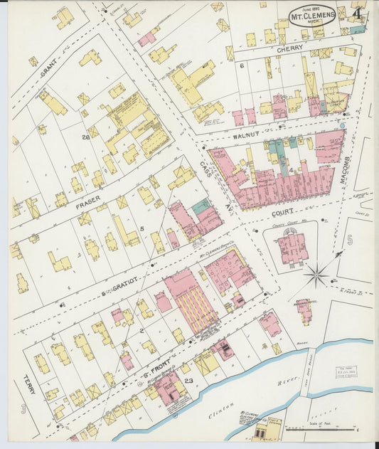 Sanborn Fire Insurance Map from Mount Clemens, Macomb County, Michigan (1892), Sheet #0004 - Historic Sanborn Fire Insurance Map Print, vintage old map wall art, antique decor, genealogy gift, Michigan Michigan map