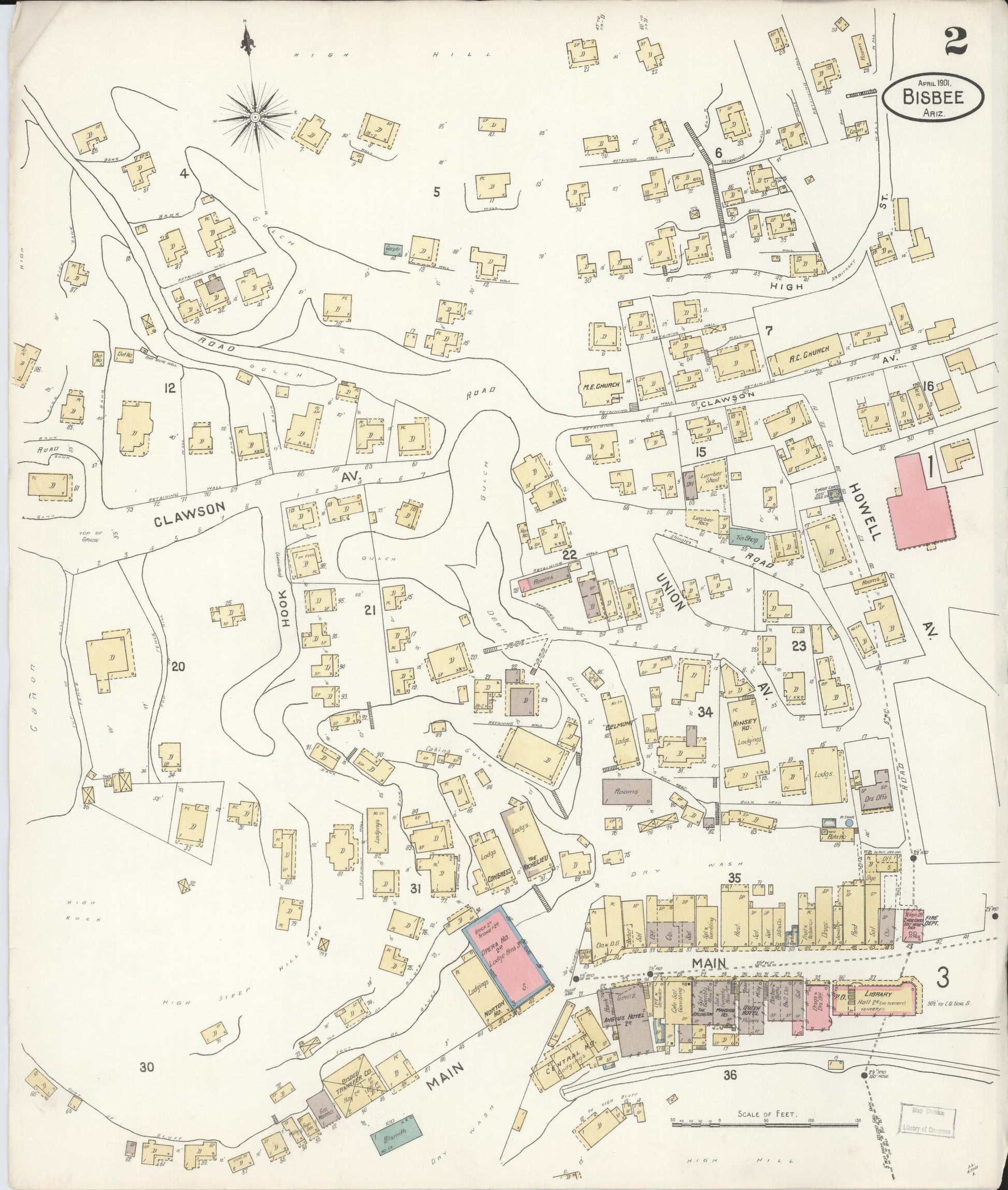 Sanborn Fire Insurance Map from Bisbee, Cochise County, Arizona (1901), Sheet #0002 - Historic Sanborn Fire Insurance Map Print, vintage old map wall art, antique decor, genealogy gift, Arizona Arizona map