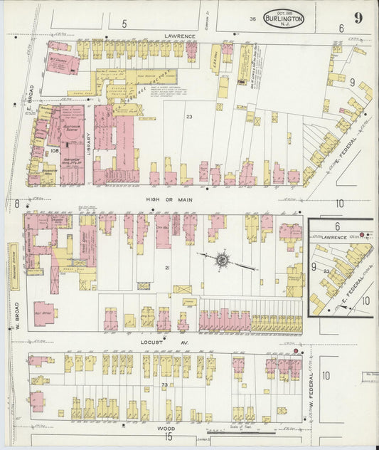 Sanborn Fire Insurance Map from Burlington, Burlington County, New Jersey (1915), Sheet #0009 - Historic Sanborn Fire Insurance Map Print, vintage old map wall art, antique decor, genealogy gift, New Jersey New Jersey map