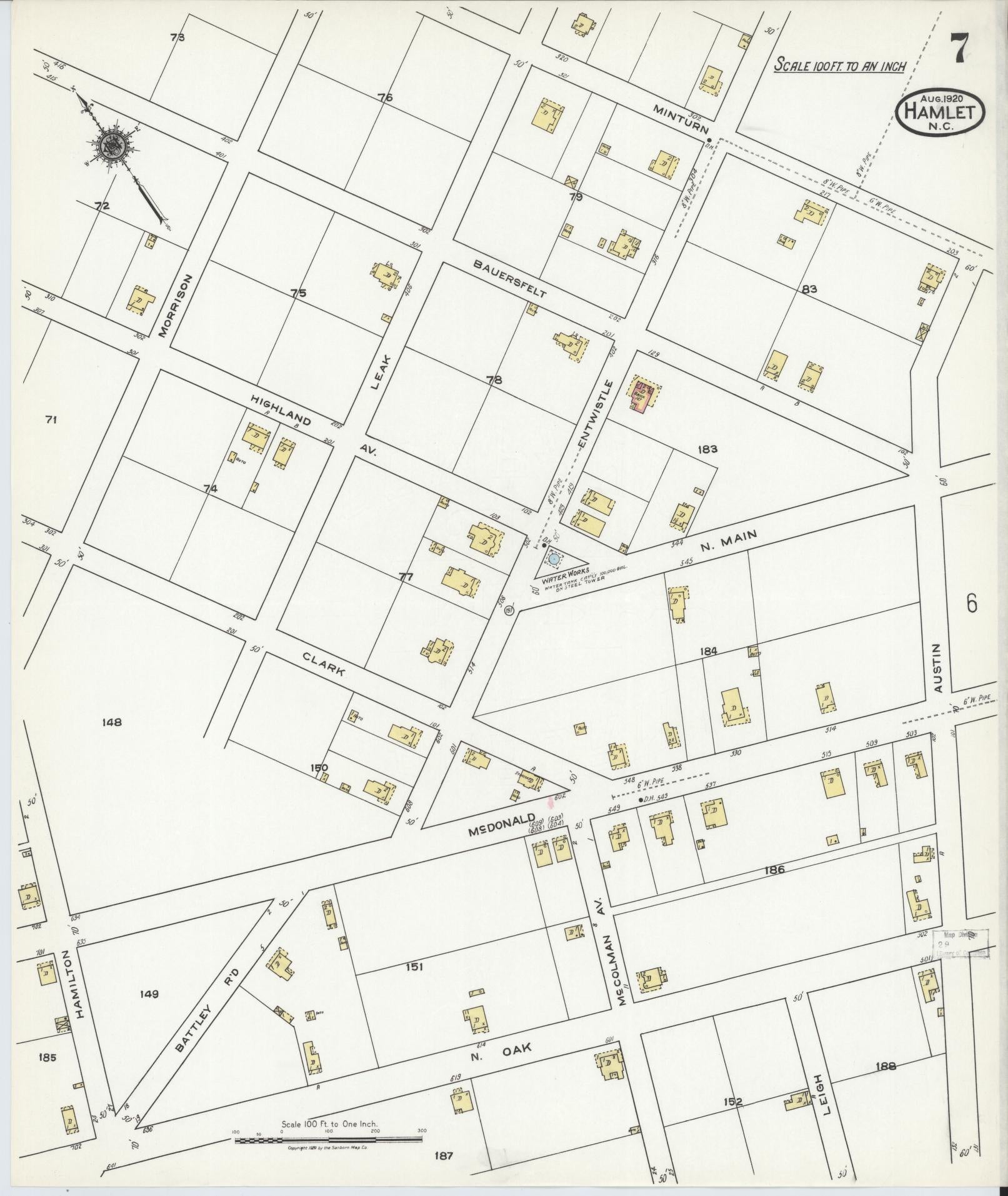 Sanborn Fire Insurance Map from Hamlet, Richmond County, North Carolina (1920), Sheet #0007 - Historic Sanborn Fire Insurance Map Print, vintage old map wall art, antique decor, genealogy gift, North Carolina North Carolina map