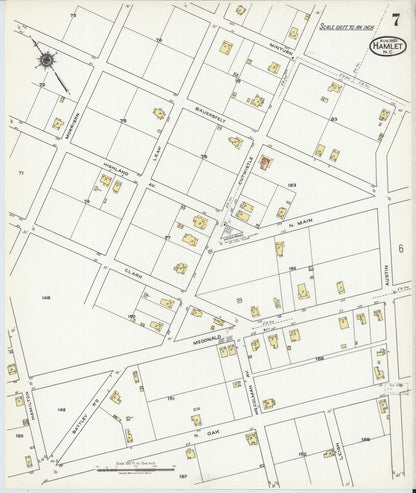 Sanborn Fire Insurance Map from Hamlet, Richmond County, North Carolina (1920), Sheet #0007 - Historic Sanborn Fire Insurance Map Print, vintage old map wall art, antique decor, genealogy gift, North Carolina North Carolina map