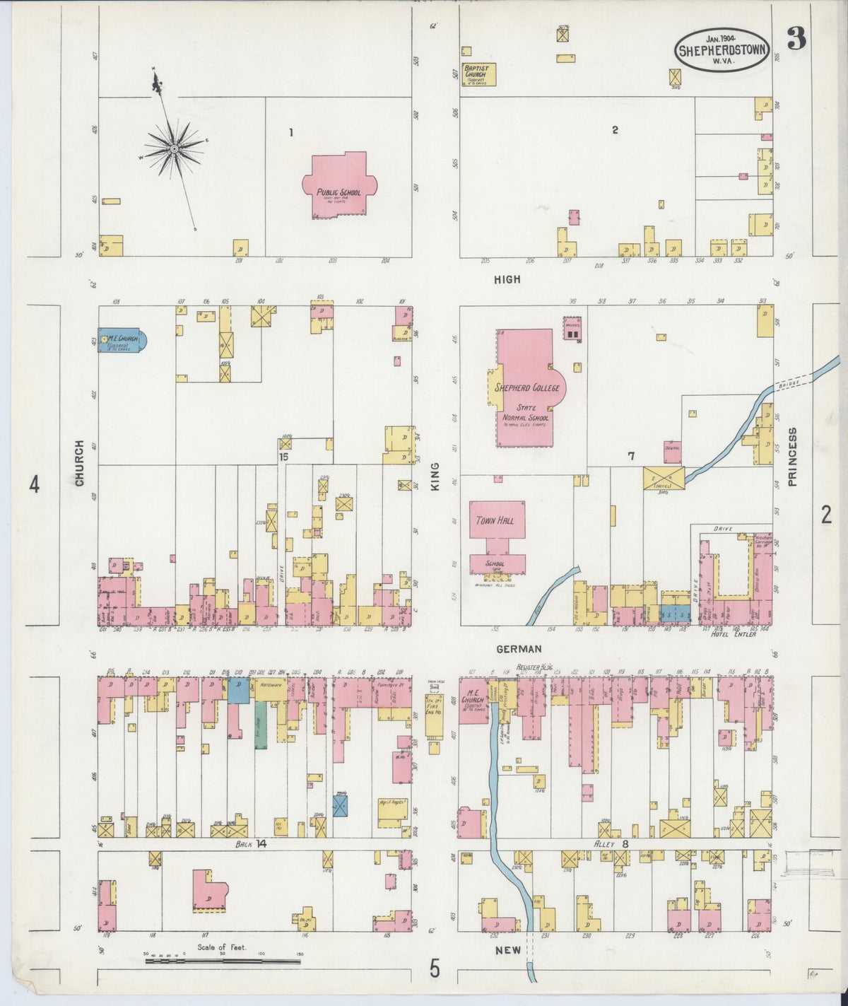 Sanborn Fire Insurance Map from Shepherdstown, Jefferson County, West Virginia (1904), Sheet #0003 - Complete Map Set gallery image, historic Sanborn map, vintage wall art, West Virginia West Virginia