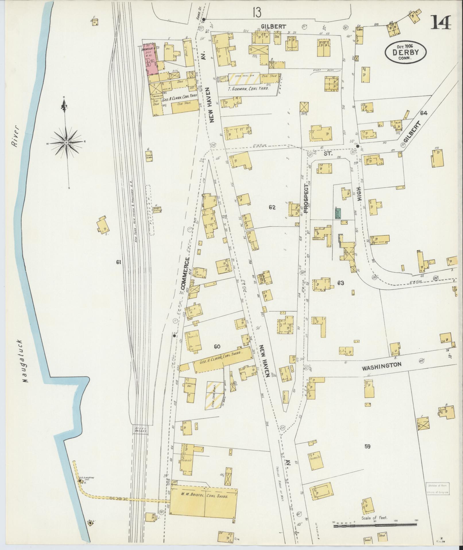 Sanborn Fire Insurance Map from Derby, New Haven County, Connecticut (1906), Sheet #0014 - Complete Map Set gallery image, historic Sanborn map, vintage wall art, Connecticut Connecticut