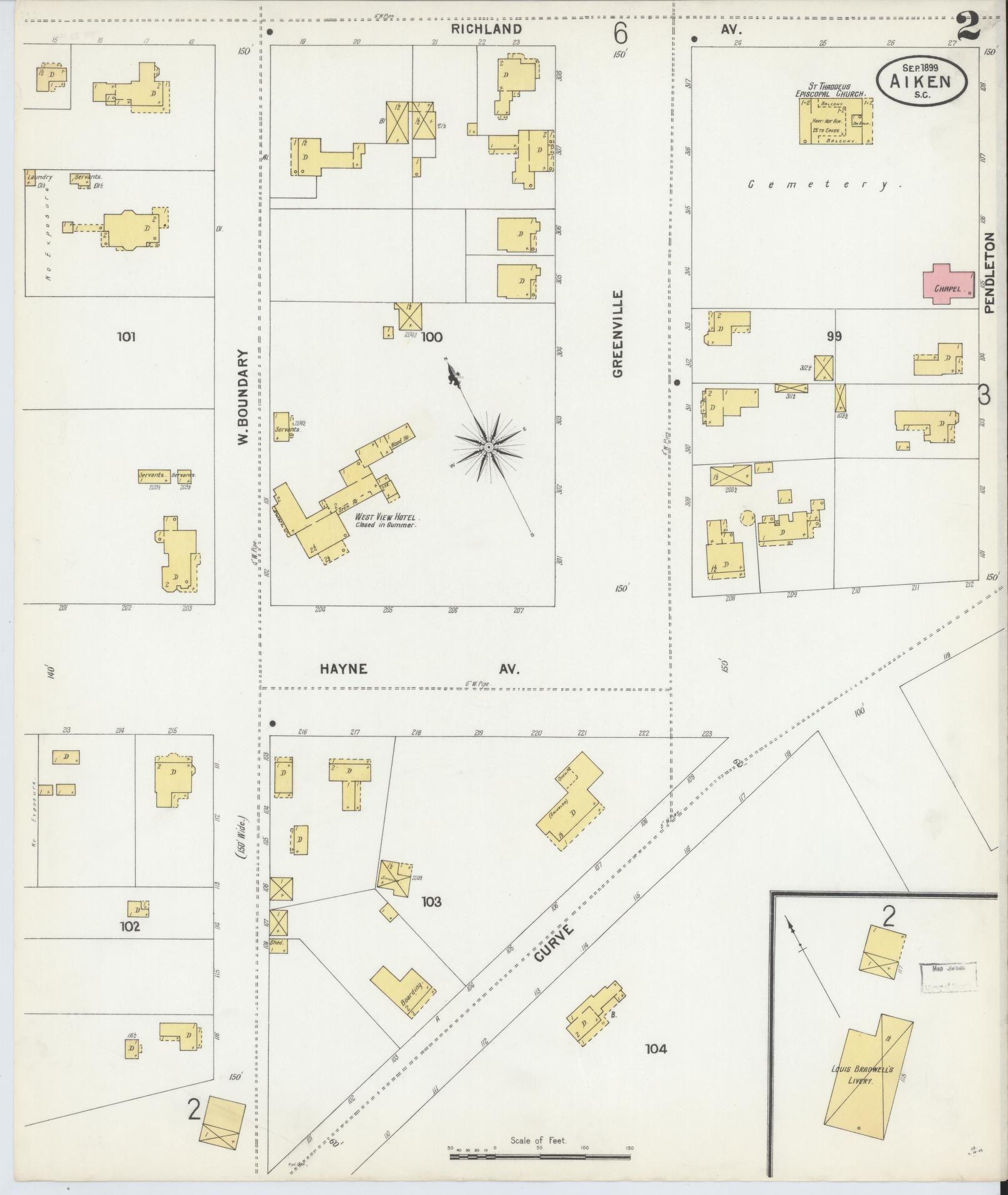 Sanborn Fire Insurance Map from Aiken, Aiken County, South Carolina (1899), Sheet #0002 - Historic Sanborn Fire Insurance Map Print, vintage old map wall art, antique decor, genealogy gift, South Carolina South Carolina map