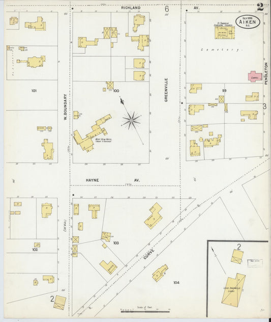 Sanborn Fire Insurance Map from Aiken, Aiken County, South Carolina (1899), Sheet #0002 - Historic Sanborn Fire Insurance Map Print, vintage old map wall art, antique decor, genealogy gift, South Carolina South Carolina map