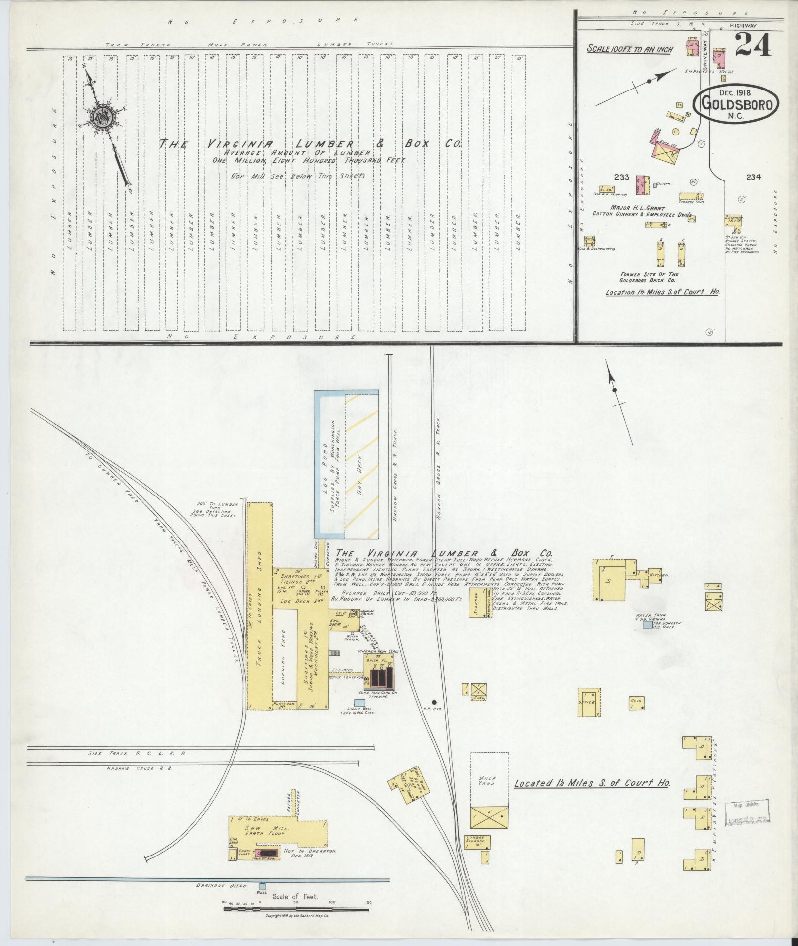 Sanborn Fire Insurance Map from Goldsboro, Wayne County, North Carolina (1918), Sheet #0024 - Complete Map Set gallery image, historic Sanborn map, vintage wall art, North Carolina North Carolina
