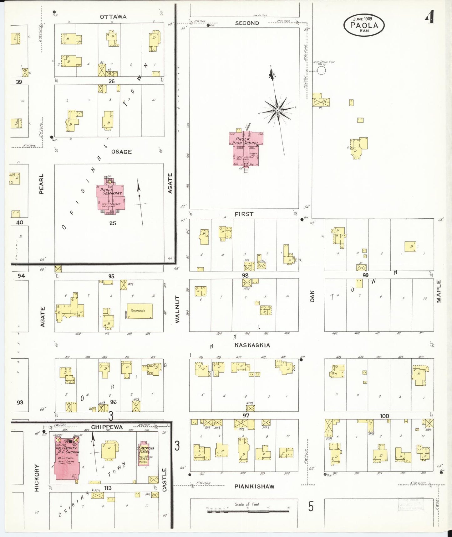 Sanborn Fire Insurance Map from Paola, Miami County, Kansas (1909), Sheet #0004 - Historic Sanborn Fire Insurance Map Print, vintage old map wall art, antique decor, genealogy gift, Kansas Kansas map