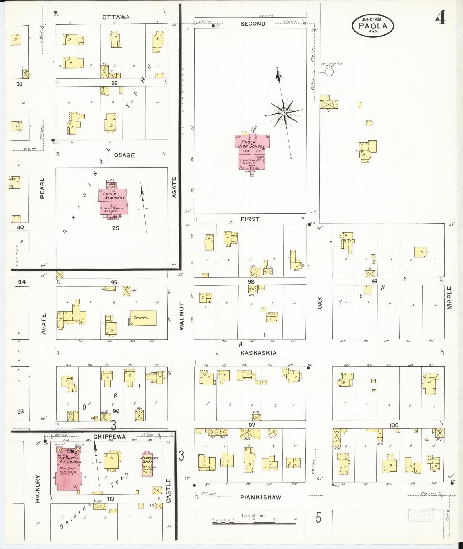 Sanborn Fire Insurance Map from Paola, Miami County, Kansas (1909), Sheet #0004 - Historic Sanborn Fire Insurance Map Print, vintage old map wall art, antique decor, genealogy gift, Kansas Kansas map