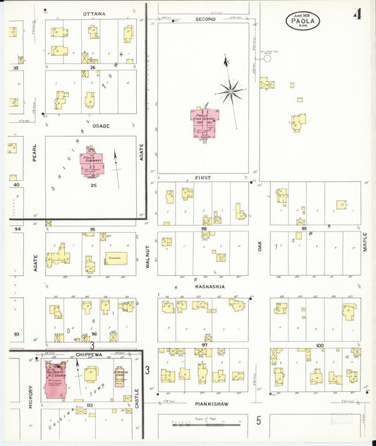 Sanborn Fire Insurance Map from Paola, Miami County, Kansas (1909), Sheet #0004 - Historic Sanborn Fire Insurance Map Print, vintage old map wall art, antique decor, genealogy gift, Kansas Kansas map