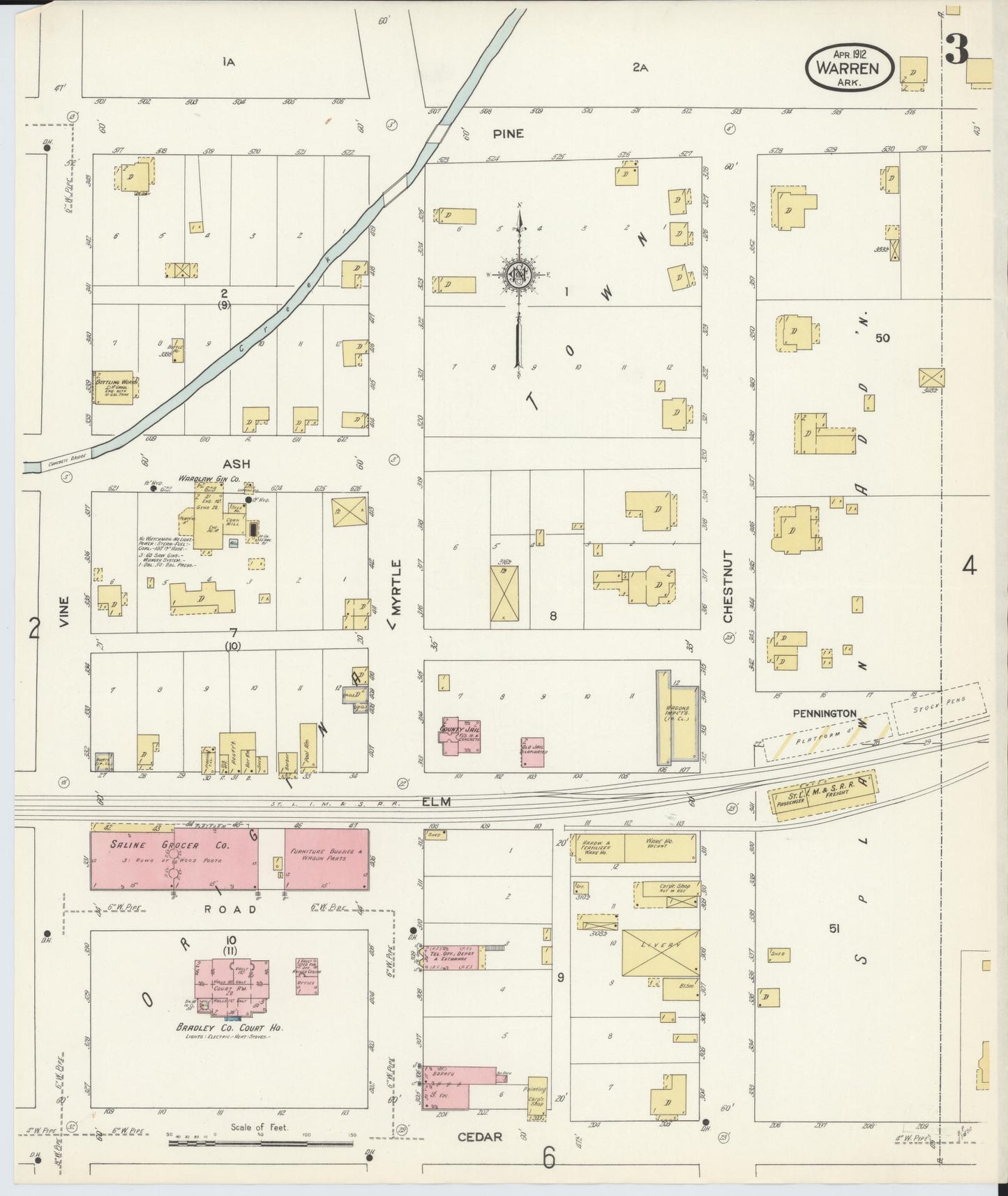 Sanborn Fire Insurance Map from Warren, Bradley County, Arkansas (1912), Sheet #0003 - Historic Sanborn Fire Insurance Map Print, vintage old map wall art, antique decor, genealogy gift, Arkansas Arkansas map