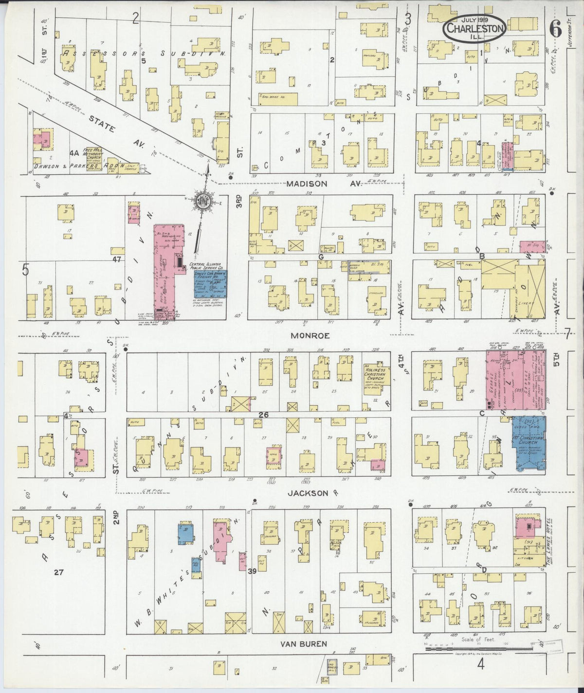 Sanborn Fire Insurance Map from Charleston, Coles County, Illinois (1919), Sheet #0006 - Historic Sanborn Fire Insurance Map Print, vintage old map wall art, antique decor, genealogy gift, Illinois Illinois map